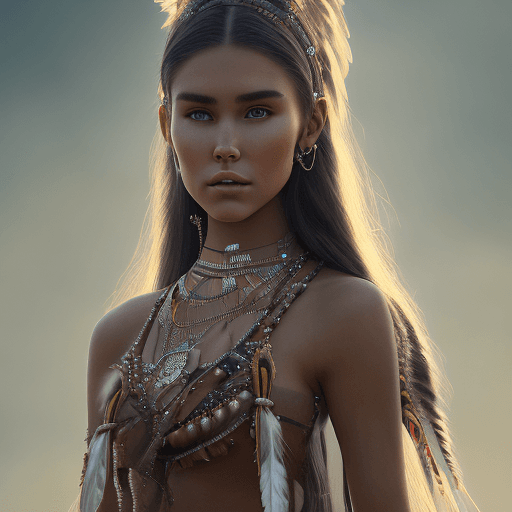 AI generated: mdjrny-v4 style portrait photograph of Madison Beer as Pocahontas, young beautiful native american w...