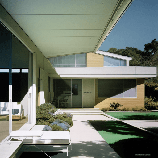 AI generated: Hyper realistic eye level exterior photo of a mid century modern style house overlooking the ocean, ...