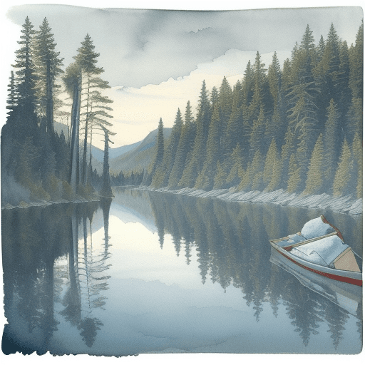 AI generated: Lake Huron::0.3 family paddling canoe::0.5 high-contrast Blue Mountains forest landscape photograph:...