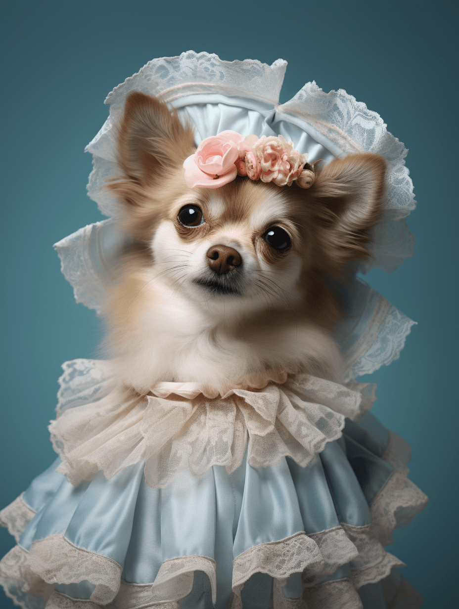 AI generated: cute dog, wearing Rococo style dress, 8k, photo realism