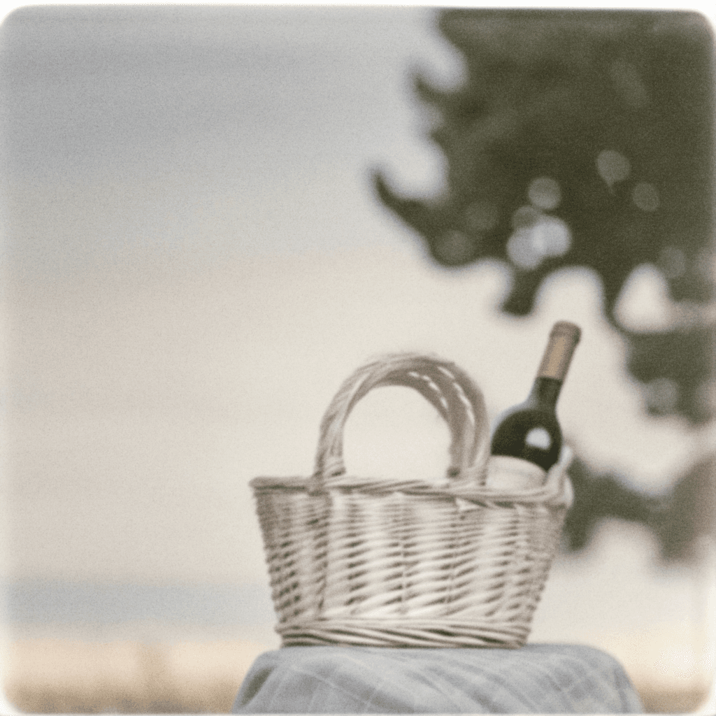 AI generated: a white wicker basket, bottle of wine visible inside the basket, the basket stands on fabric, soft n...