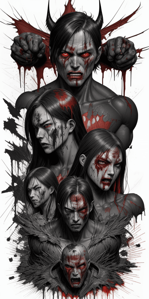 AI generated: multiple shot, 4d Overlay Japanese COMIC type. A 16k LANDSCAPE poster of a random evil vanquished su...