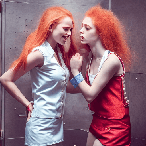 AI generated: Two beautiful waitresses wrestling in an elevator, torn clothing, red hair, messy hair, kissing, 