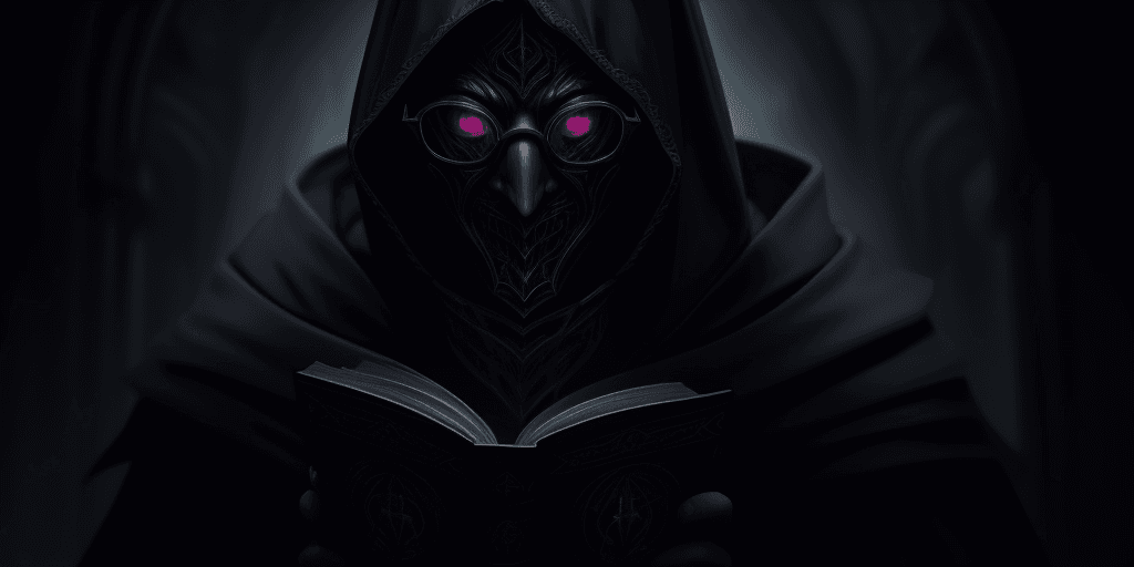 AI generated: male evil librarian with dark hood covering face exploring forbidden knowledge of the high eldritch ...