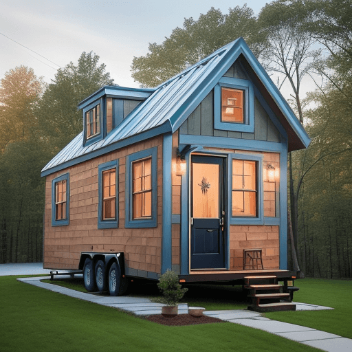 AI generated: 19 feet by 19 feet square tiny home exterior, adjacent 19 feet by 19 feet square sun room to EAST of...