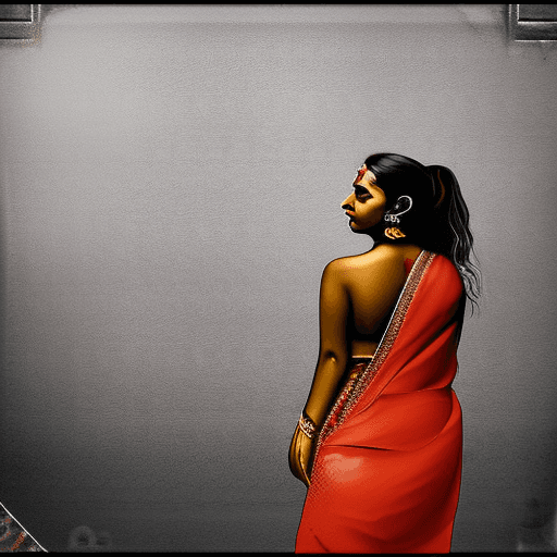 AI generated: Indian woman in a sari posing for a picture, bare back, sexy gaze, dark strokes, no watermarks, bron...