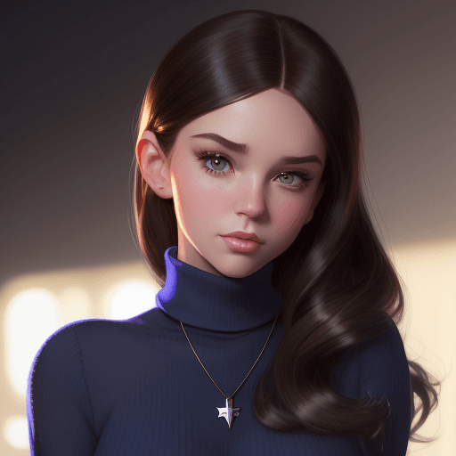 AI generated: young Disney socialite wearing a blue miniskirt, dark brown turtleneck sweater, small neckless, cute...