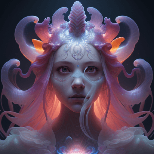 AI generated: Goddess close-up portrait ribcagel. jellyfish phoenix head, nautilus, orchid, skull, betta fish, bio...