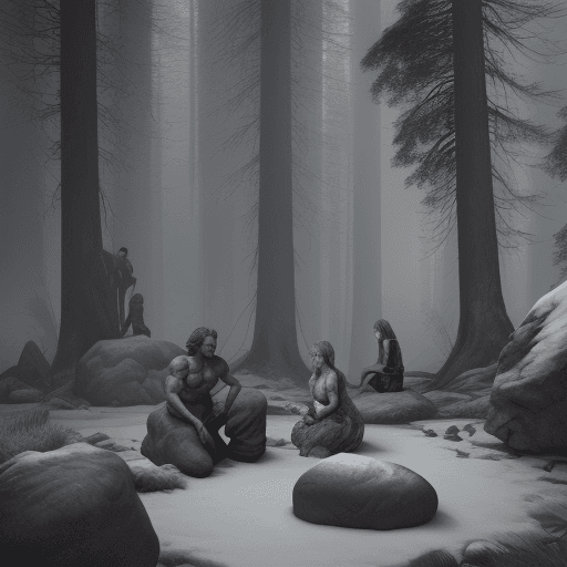 AI generated: photorealistic, prehistoric environment, nature, trees, rocks, fire, 2 women and 2 men, waiting for ...