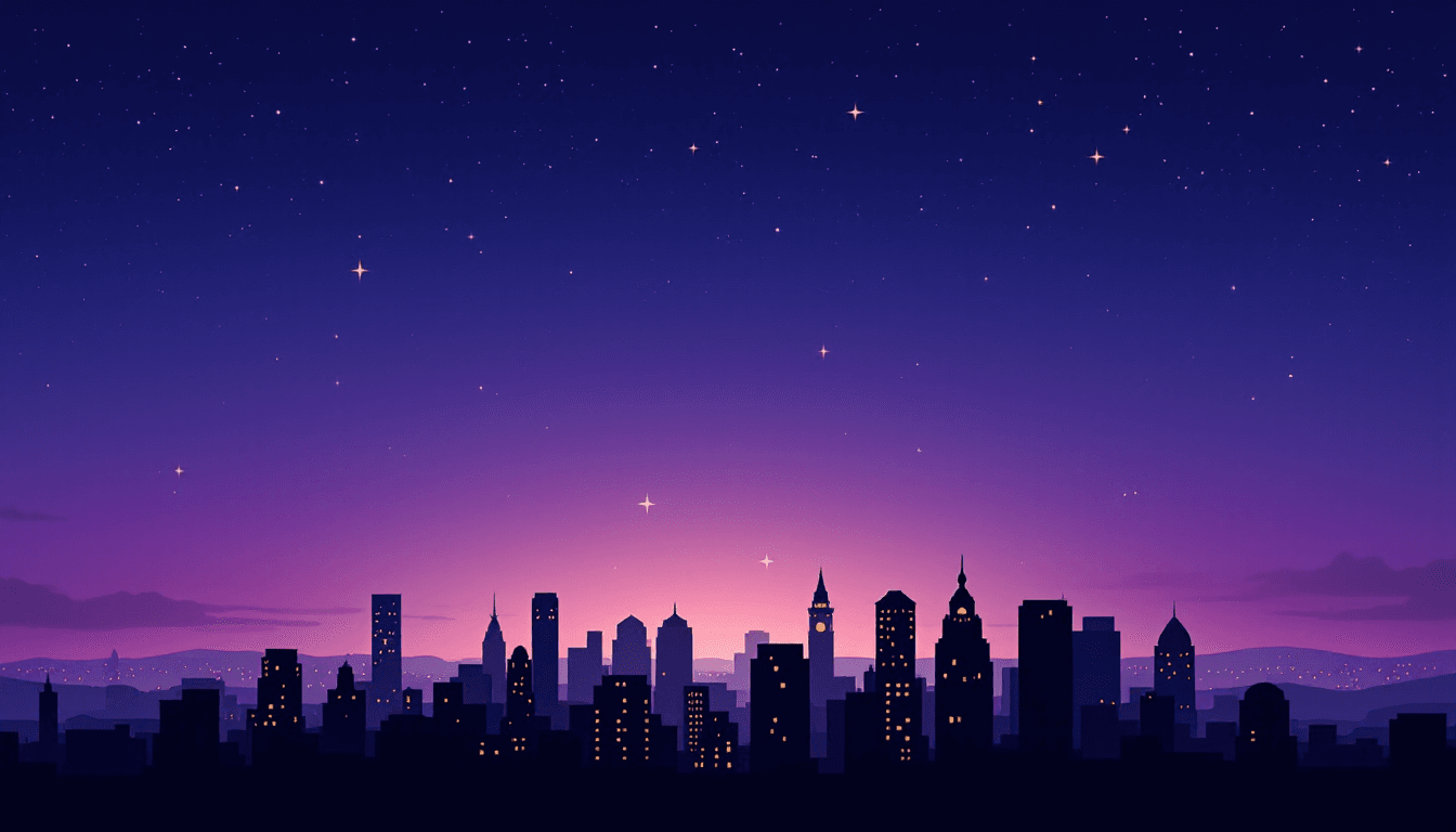 AI generated: Design a captivating skyline banner against a backdrop of a dusk sky, where the colors shift from ri...