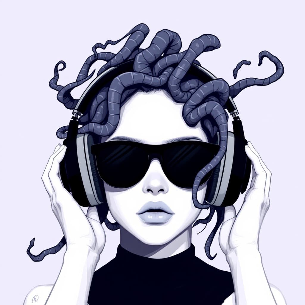 AI generated: Medusa wearing dark sunglasses and headphones, --chaos 5 --ar 2:3 --v 7