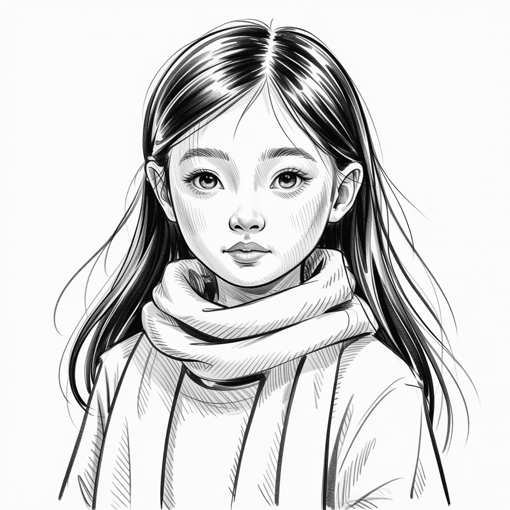 AI generated: A pencil sketch of an Asian girl with long hair, wearing white and scarves around her neck, a half-l...
