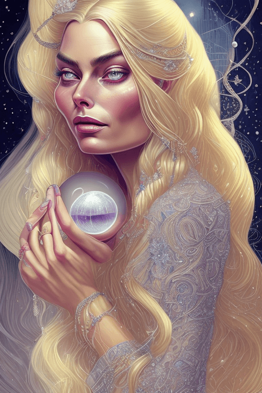 AI generated: color portrait of a woman having long blond hair and crystal ball, in the style of oliver wetter, ma...