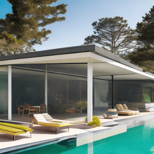 AI generated: Hyper realistic eye level exterior photo of a mid century modern style house overlooking the ocean, ...