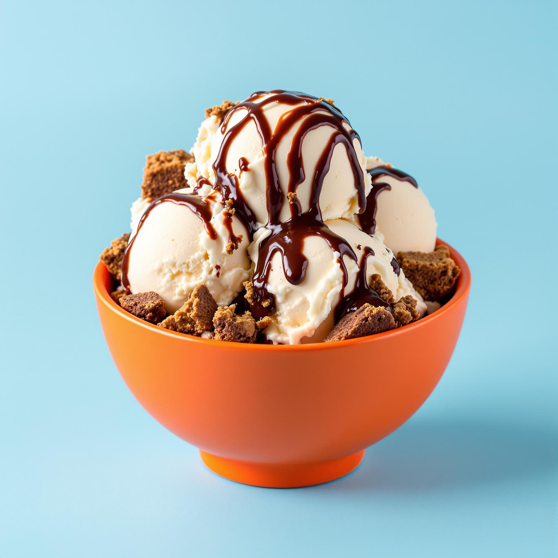 AI generated: The image prominently features a bowl of ice cream, vividly showcased on a plain, light blue backgro...