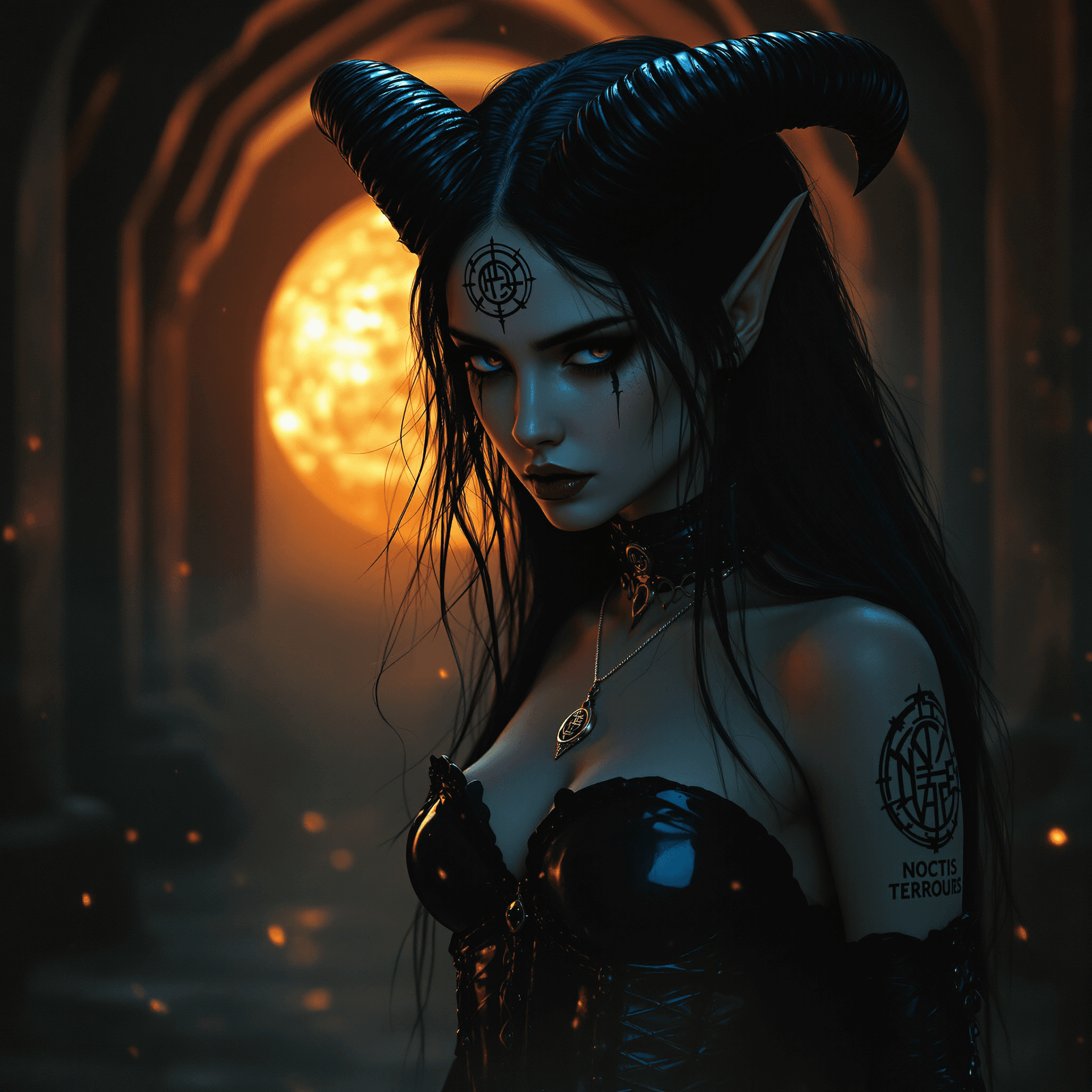 AI generated: A record-album cover, fantasy art: A powerful yet vulnerable female demon, reminiscent of Beksiński'...