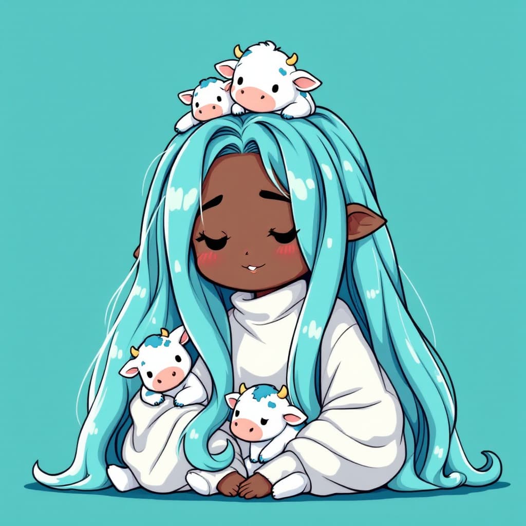 AI generated: best quality,Teal theme,outline,
(chibi:1.2),(absurdly long hair,gradient hair:1.2), mini blue cows ...