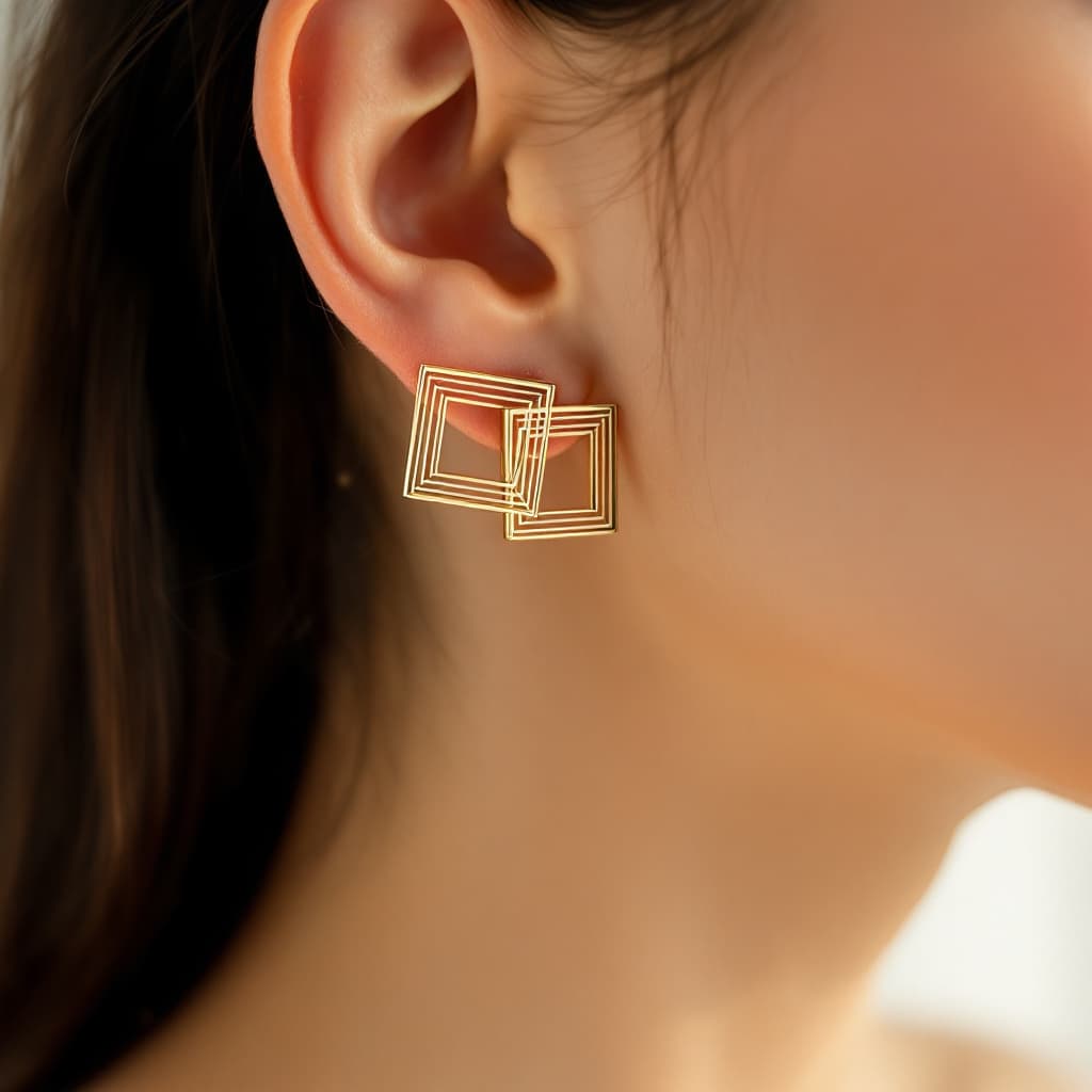 AI generated: woman side face shot showcasing relieve geometric design golden earrings. they are square shaped and...