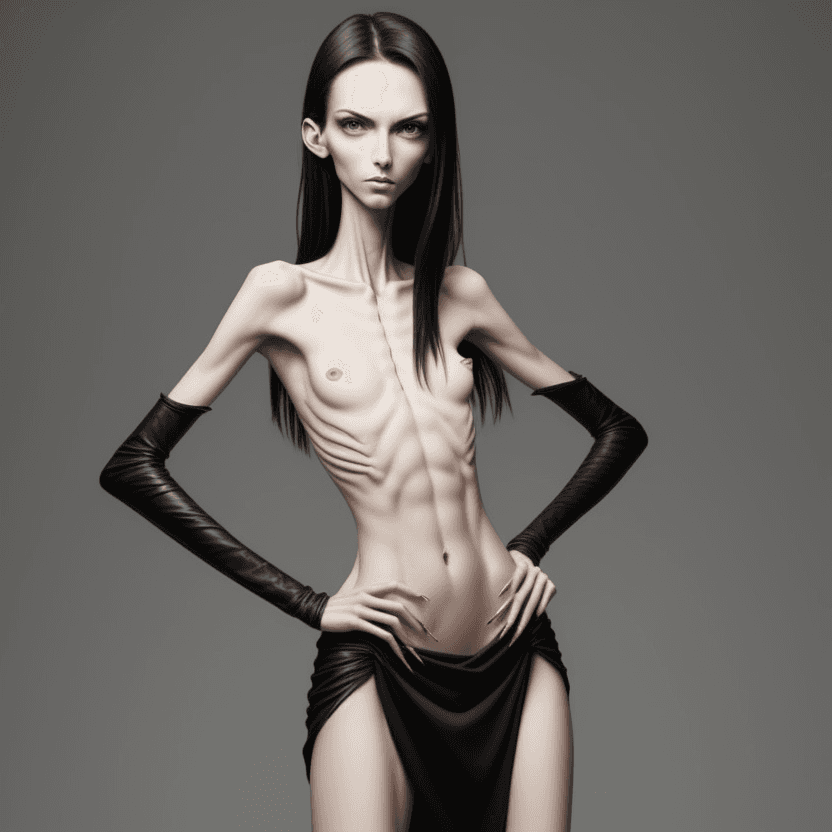 AI generated: photo of face an extremely skinny, flat-chested model with  long claws placed on the hips