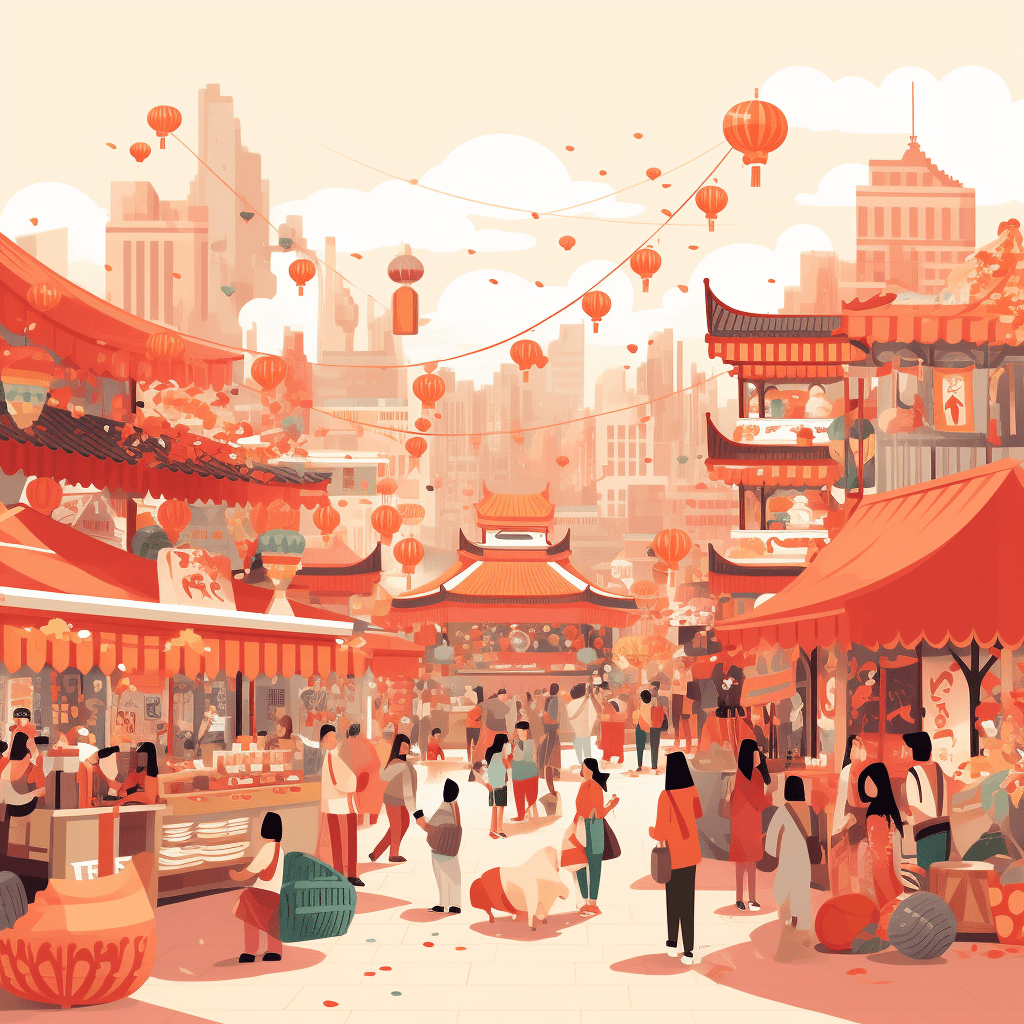 AI generated: A vibrant illustration of a bustling market, boho aesthetic, in the style of Gene Luen Yang, light r...