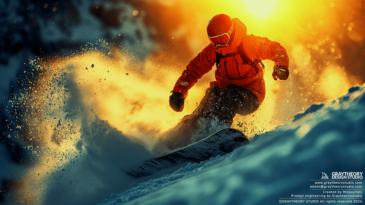 AI generated: action shooting, dynamic range, in the snowboard park, technique with snowboarder