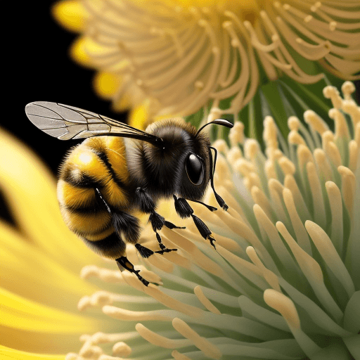 AI generated: Hyper realistic closeup of a bumblebee hoovering over a flower kicking up pollen dust, angled upward...