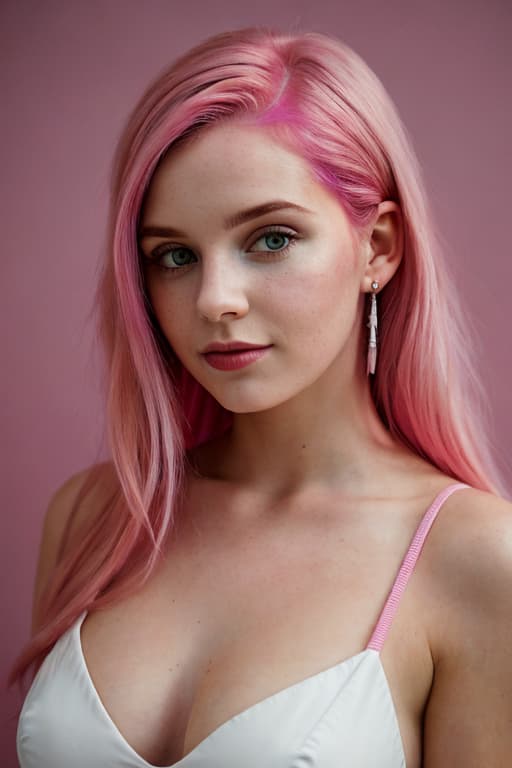 AI generated: Portrait of a pretty young woman with magenta-lite pink hair, film grain, high quality, studio shoot...