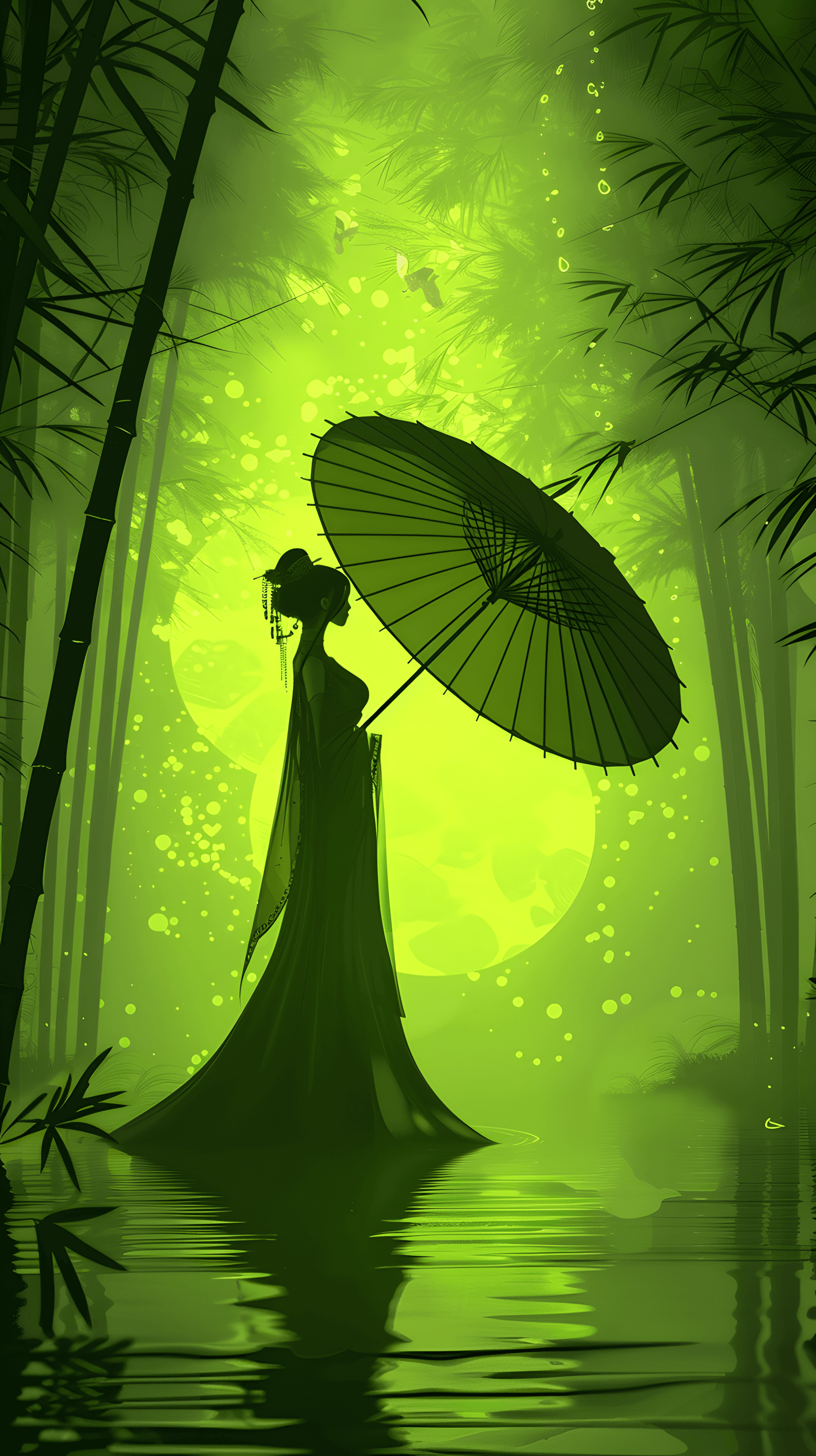 AI generated: New Chinese minimalist illustration, Chinese style, glowing, fluorescent green, elegant women holdin...