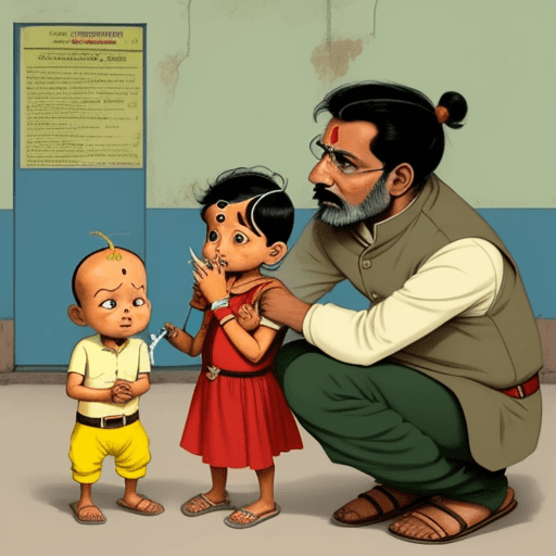 AI generated: indian parents taking their child for vaccination at a poor clinic,  in art style of ligne claire or...