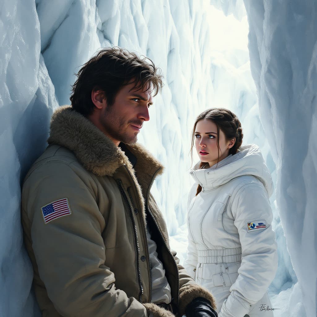 AI generated: "Create a digital painting of a dramatic and intimate scene set in the icy South Passage of Echo Bas...
