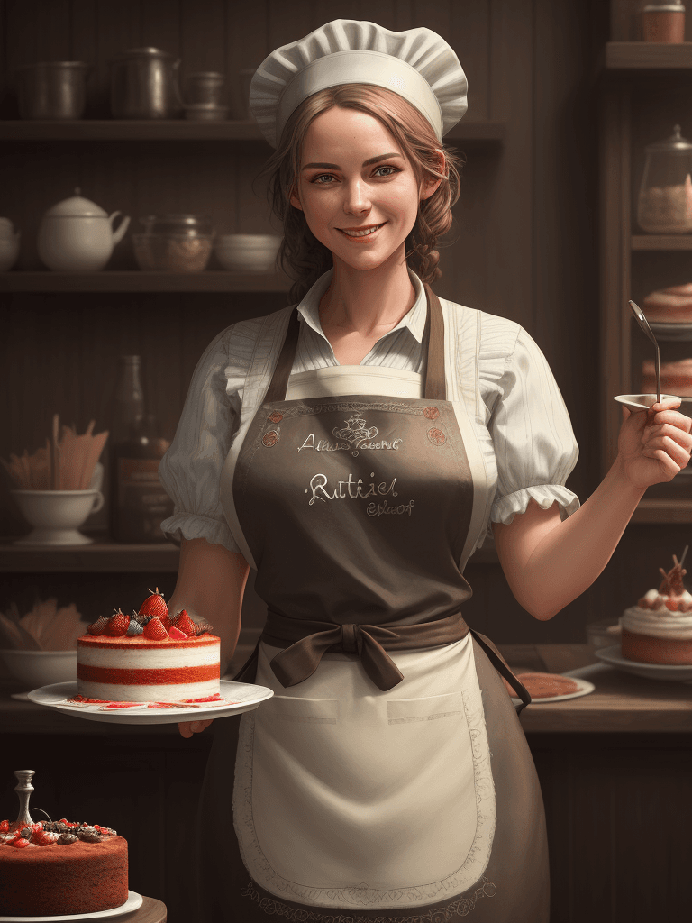 AI generated: a smilling woman, apron, cake bar, cook hat, artstation, epic realistic, hdr, intricate details, rut...