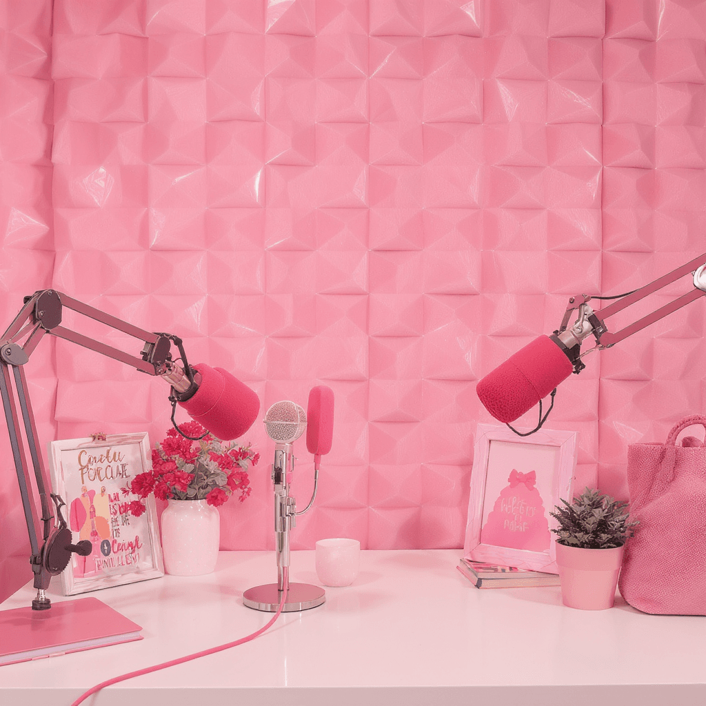 AI generated: Create a pink  themed Podcast studio background  