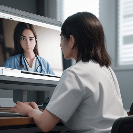 AI generated: photograph of a young physician giving advice to a young patient, they are both looking at a screen,...