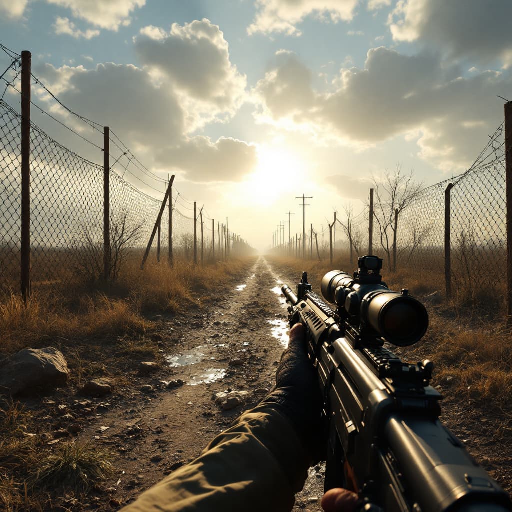 AI generated: First-person POV of a Border Area, The Camera Shows you walking with a Rifle in your Hands
