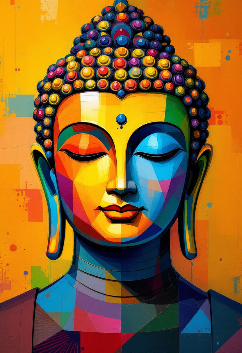 AI generated: Lord buddha face, pablo picasso, cubism, vibrant colors --ar 1:1 --stylize 750 --v 5.2