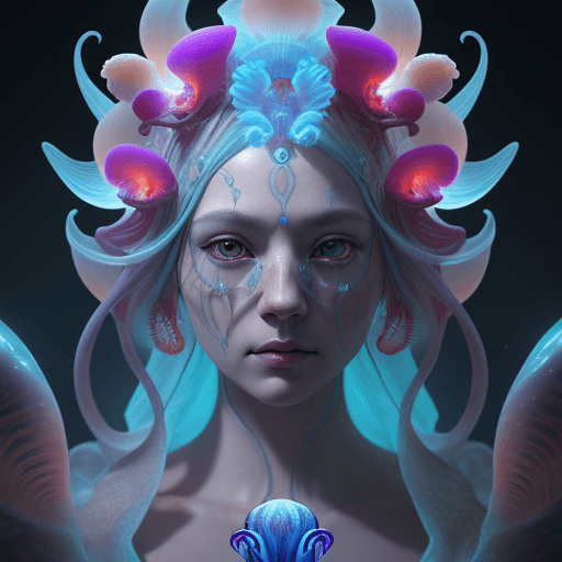 AI generated: Goddess close-up portrait ribcagel. jellyfish phoenix head, nautilus, orchid, skull, betta fish, bio...