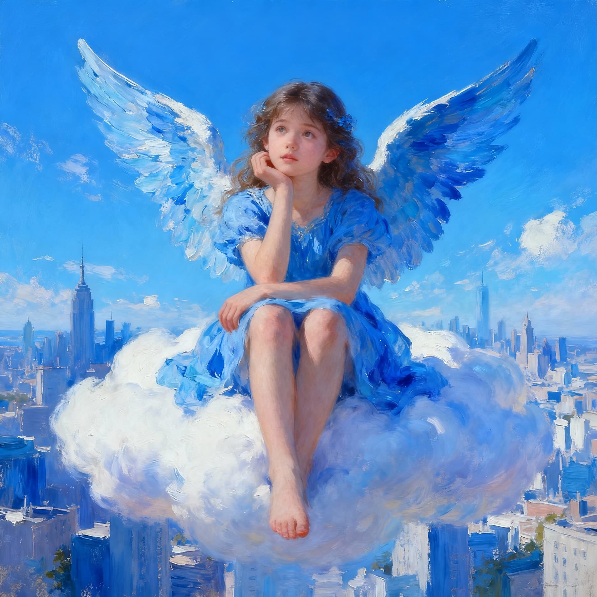 AI generated:  female - azure angel, ,amazing blue clear sky background, city,portrait,hyperrealism