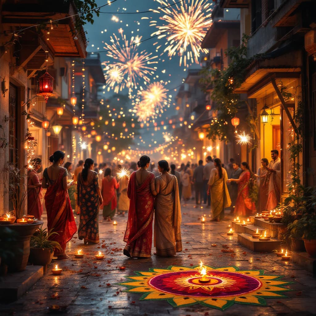 AI generated: A highly realistic photo capturing the festive atmosphere of Diwali night in an Indian city. Streets...