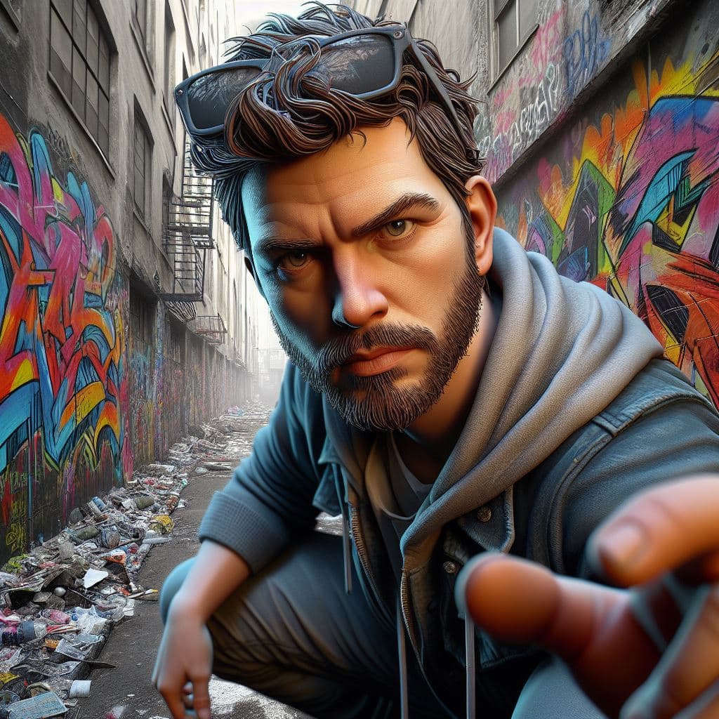 AI generated: In a gritty, urban alleyway, Graff, a rebellious street artist, transforms the drab surroundings wit...