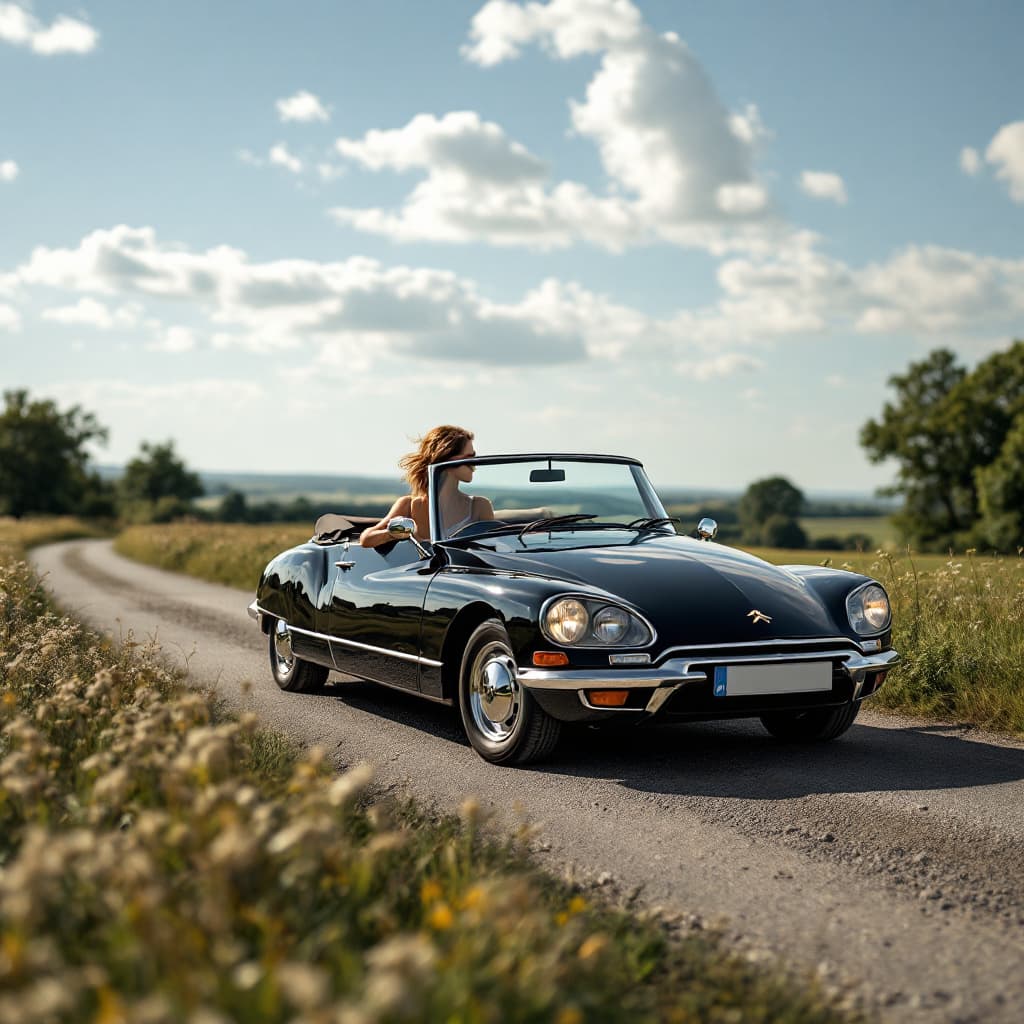 AI generated: gorgeous lady driving ,the Citroën DS 19 black Convertible, in the countryside, 