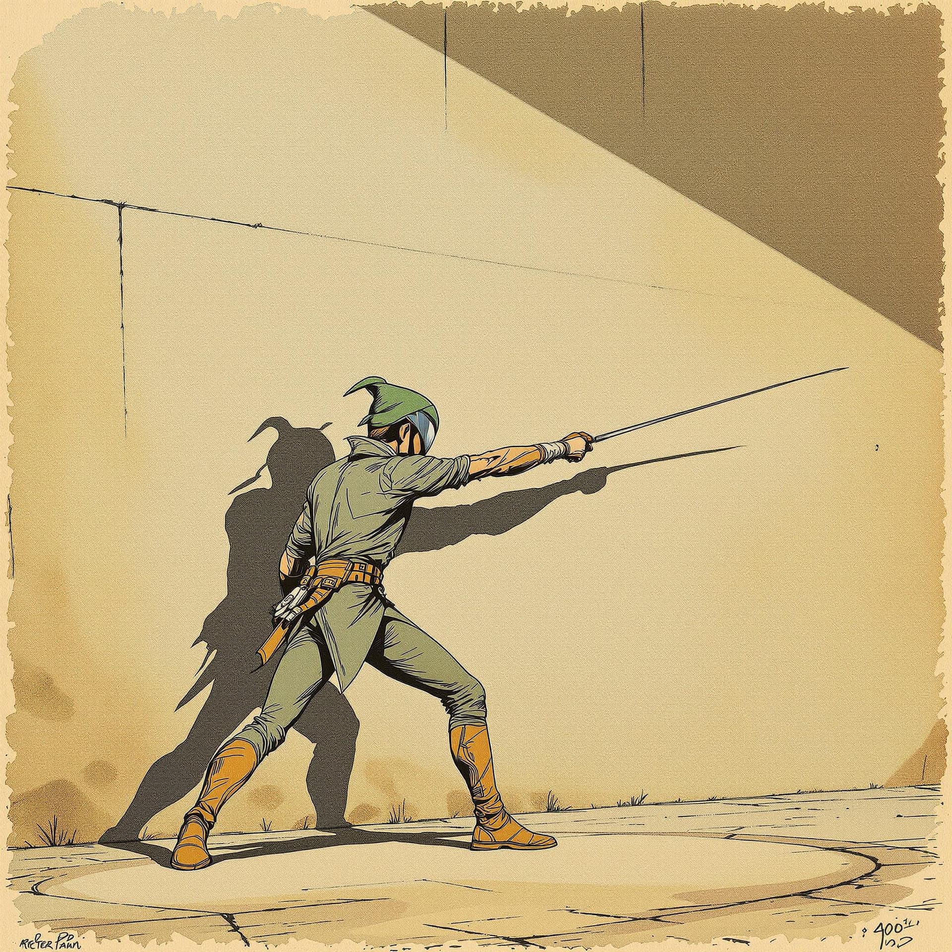 AI generated: Photorealistic , full body shot of peter pan fencing with his shadow against a wall, hand drawn, in ...