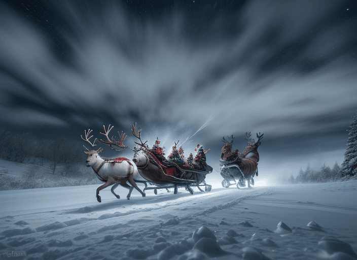 AI generated: Slow shutter speed Photography, angry birds, driving sleigh pulled by reindeer flying through the cl...