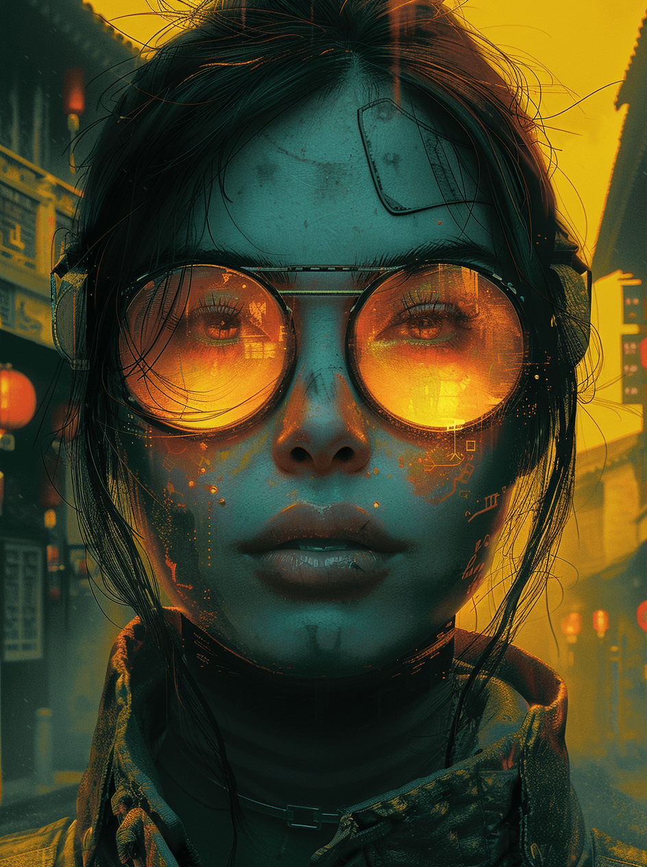 AI generated: a woman in a pair of sunglasses beside an old fashioned house, in the style of cyberpunk manga, ross...