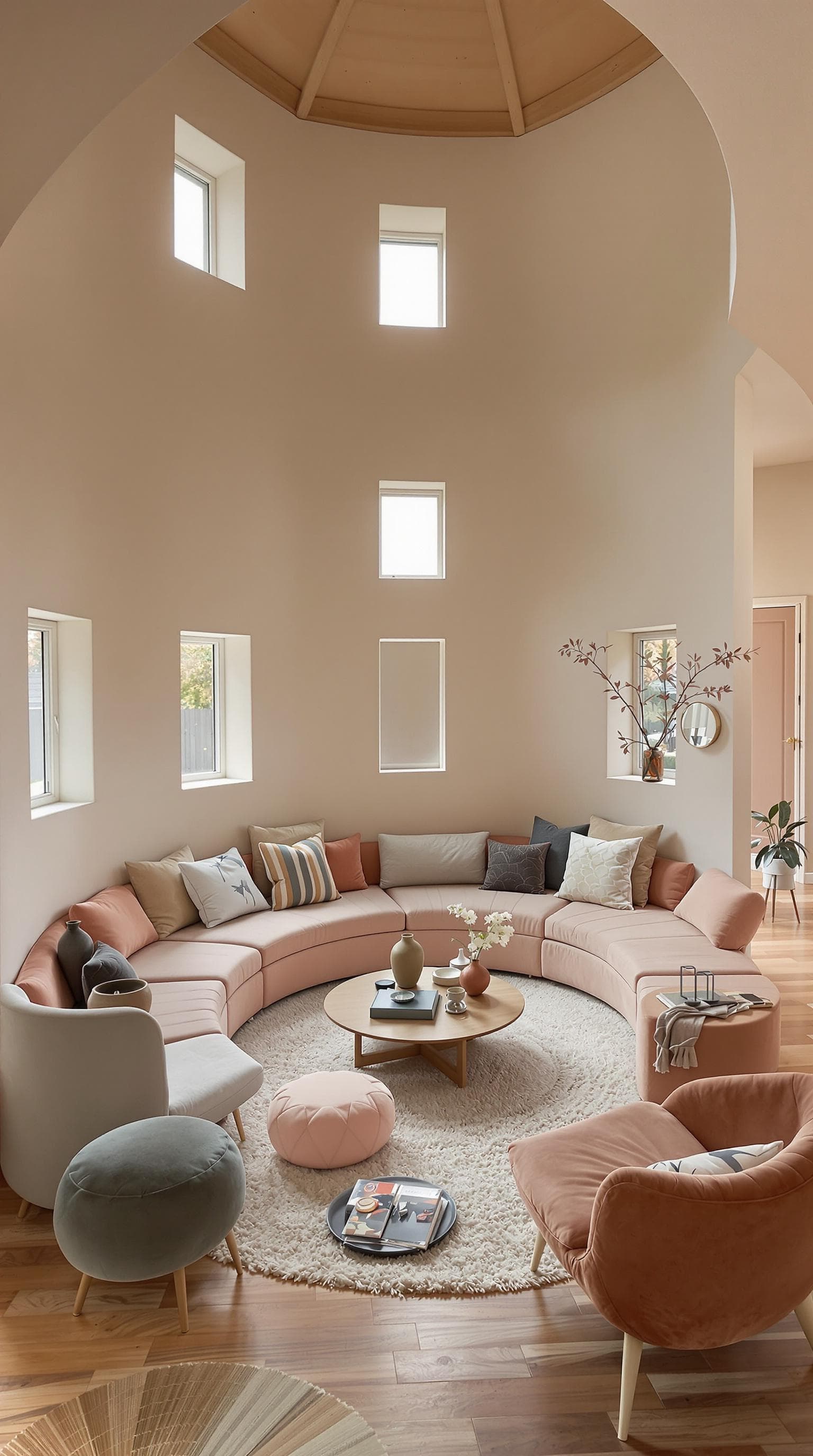AI generated: High resolution photography interior design, dreamy sunken living room conversation pit, wooden floo...