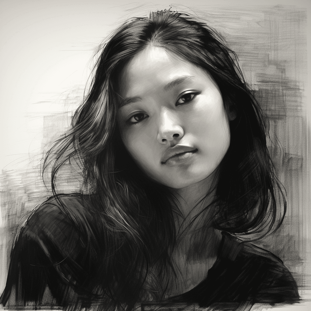 AI generated: charcoal drawing by Odilon Redon, sketch portrait, face only, an absolutely gorgeous Asian woman, hi...