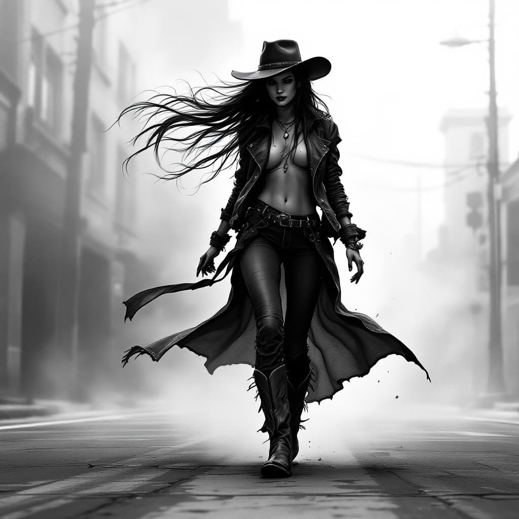 AI generated: A digital drawing of an urban cowgirl, full body, walking on the street, wearing cowboy boots and ha...