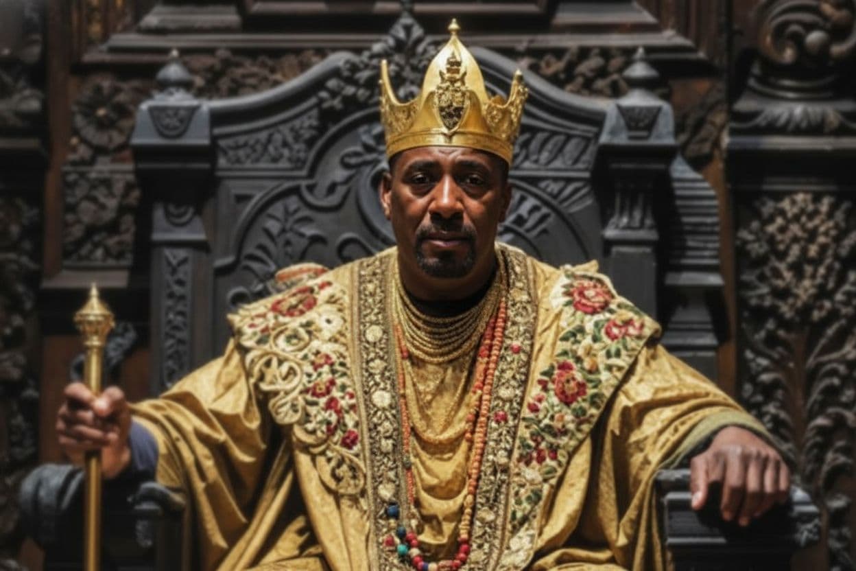 AI generated: recreate the Portrait of the king's medium shoton the throne with a 85mmlens 1.2