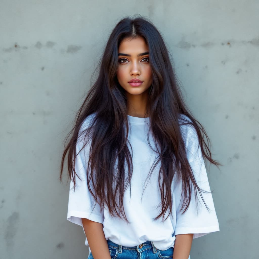 AI generated: A indian girl, 16, with long black hair and fair skin is captured in a candid moment. She's wearing ...