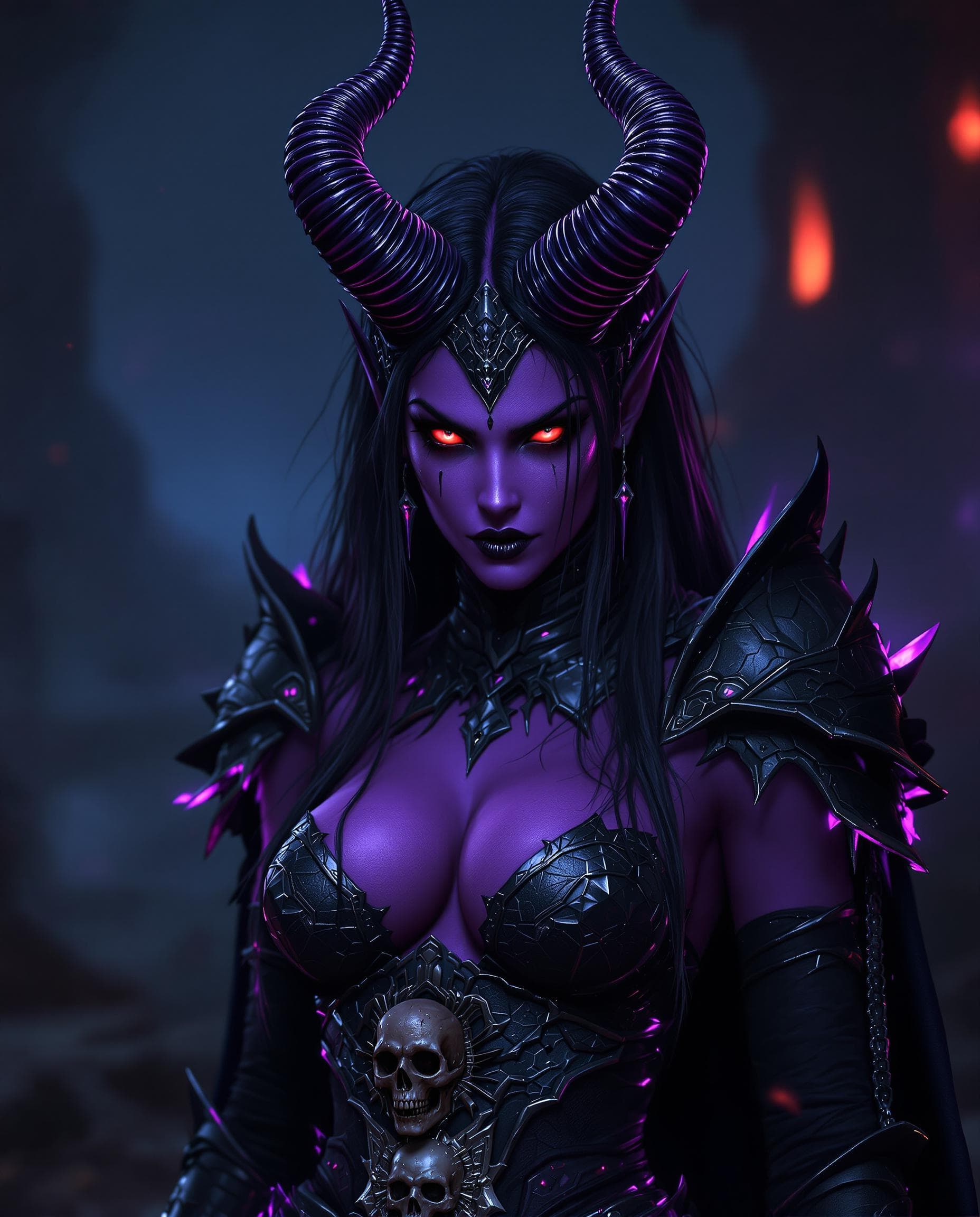 AI generated: a female demoness with full purple skin on her whole body, fierce horns emanating from hes head, pie...