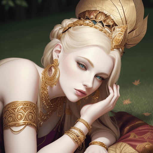 AI generated: A portrait of a woman wearing ornate golden jewelry, including an elaborate headpiece and large earr...